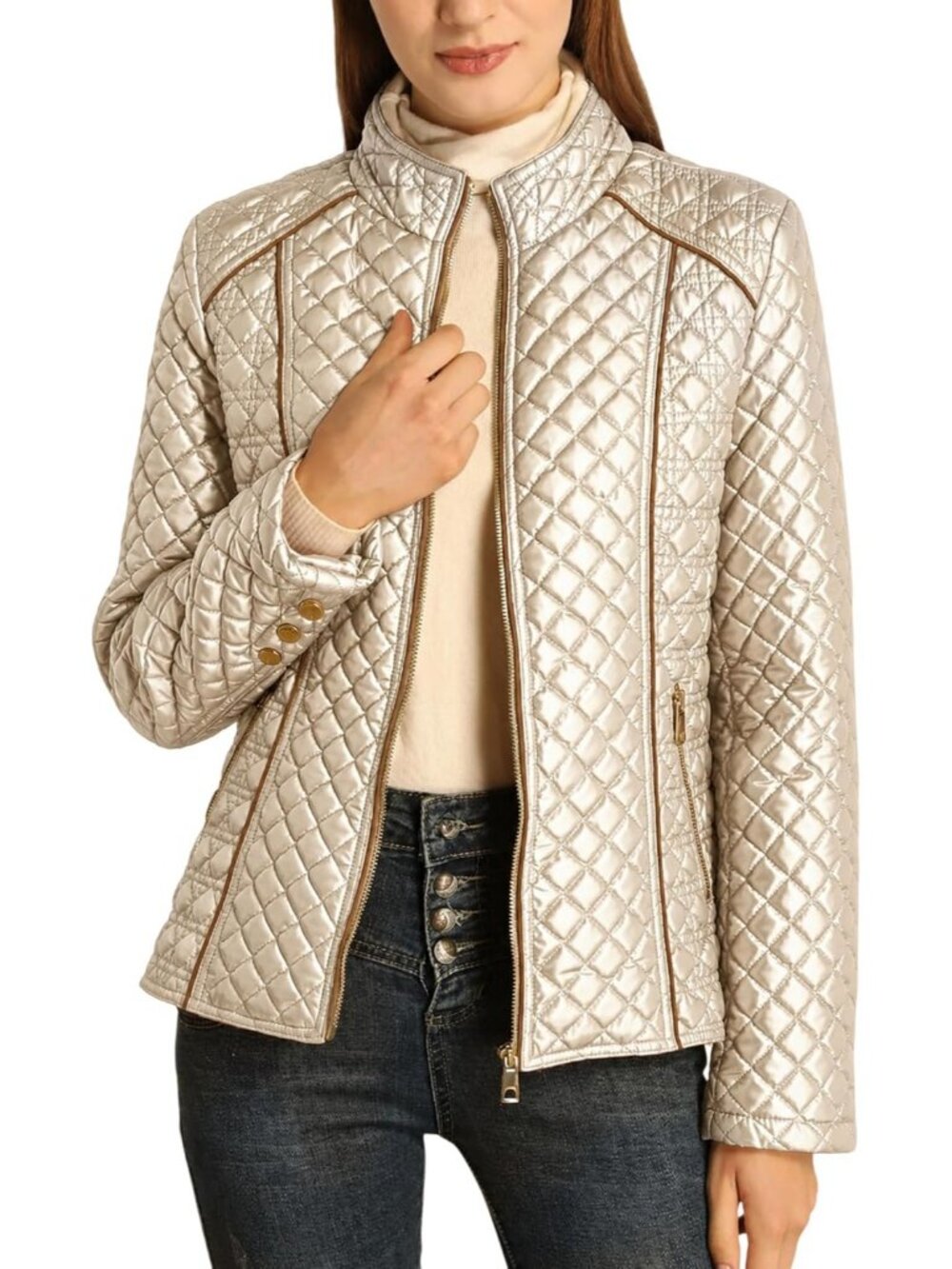 Women's Golden Fleece-Lined Front Zipper Diamond Quilted Puffer Winter Jacket
